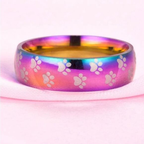 Multicolored Animal Paw print Retro Stainless Steel Metallic Ring Size US 7 NEW - Picture 2 of 6